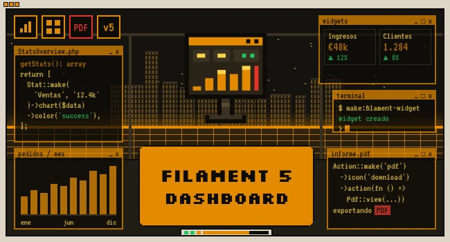 Dashboard con Filament 5: widgets, gráficos y PDF